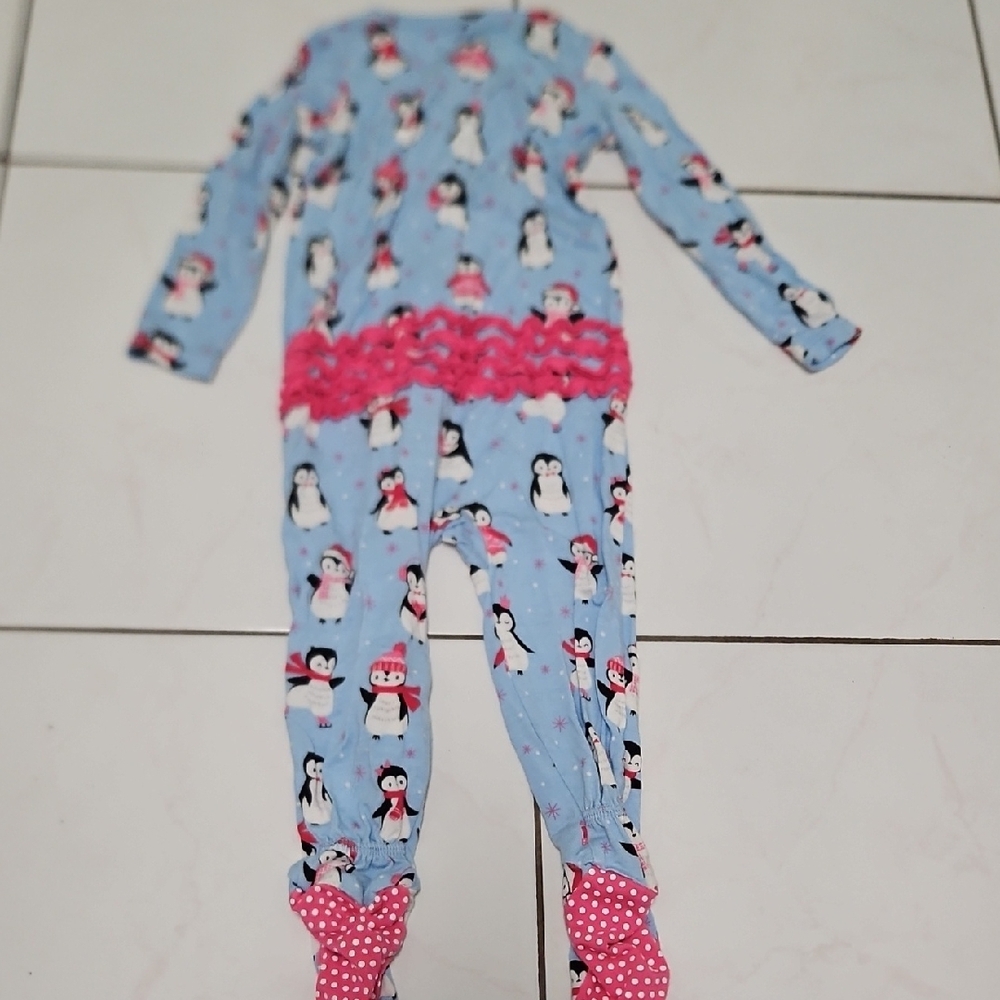 Ruffle Butts Light Blue Penguin Print Footie 6-12 - Picture 3 of 3